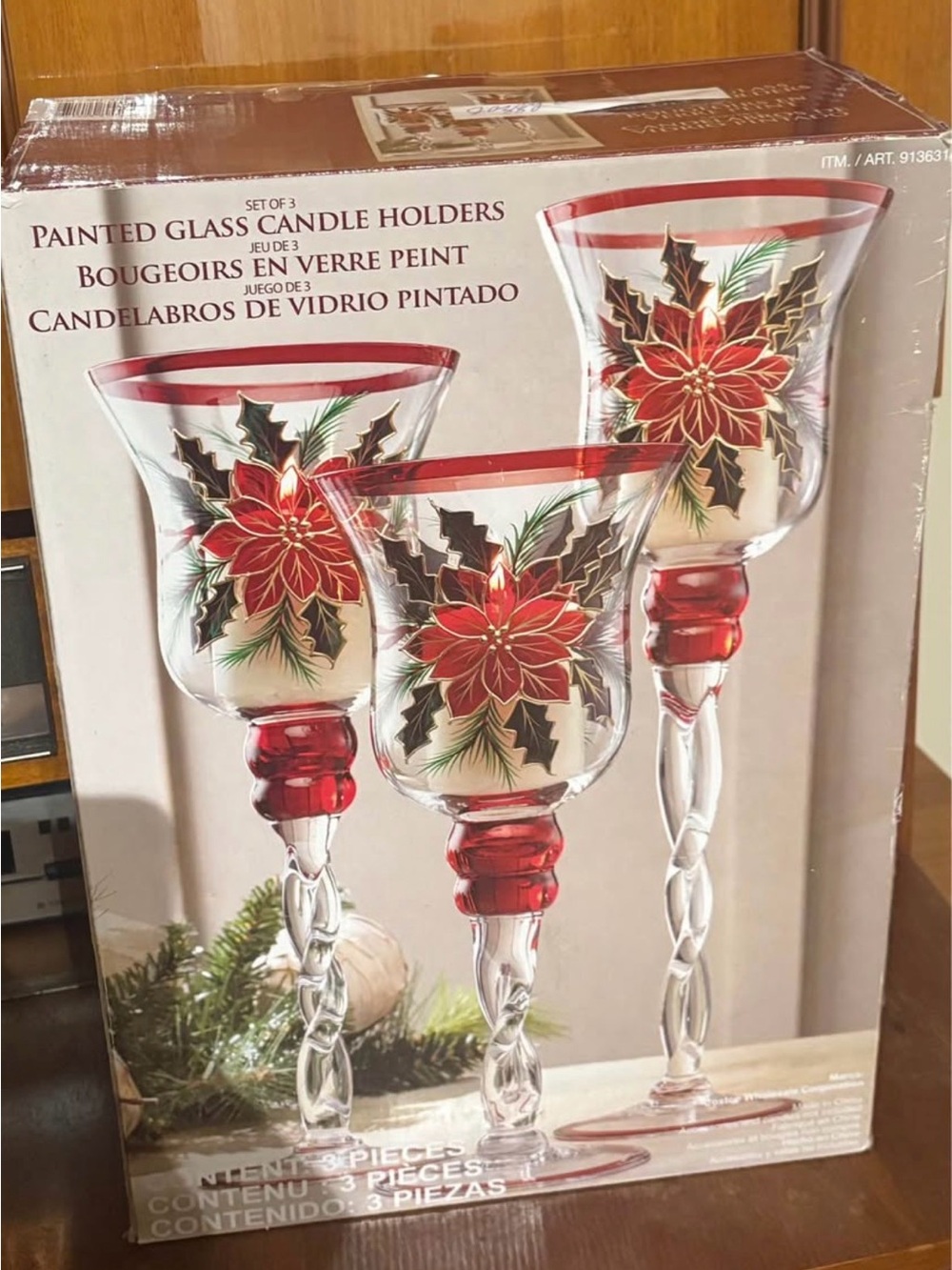 Painted Glass Poinsettia Candle Holders - Red